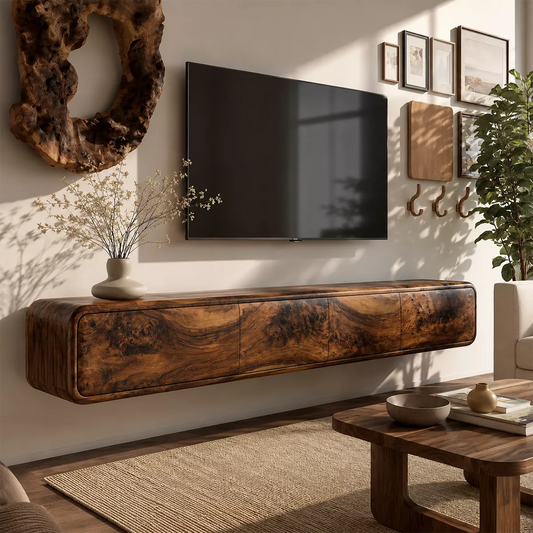 Natural Solid Wood TV Stand with Sculptural Burl Cabinet Doors Japandi - Livewoodcraft