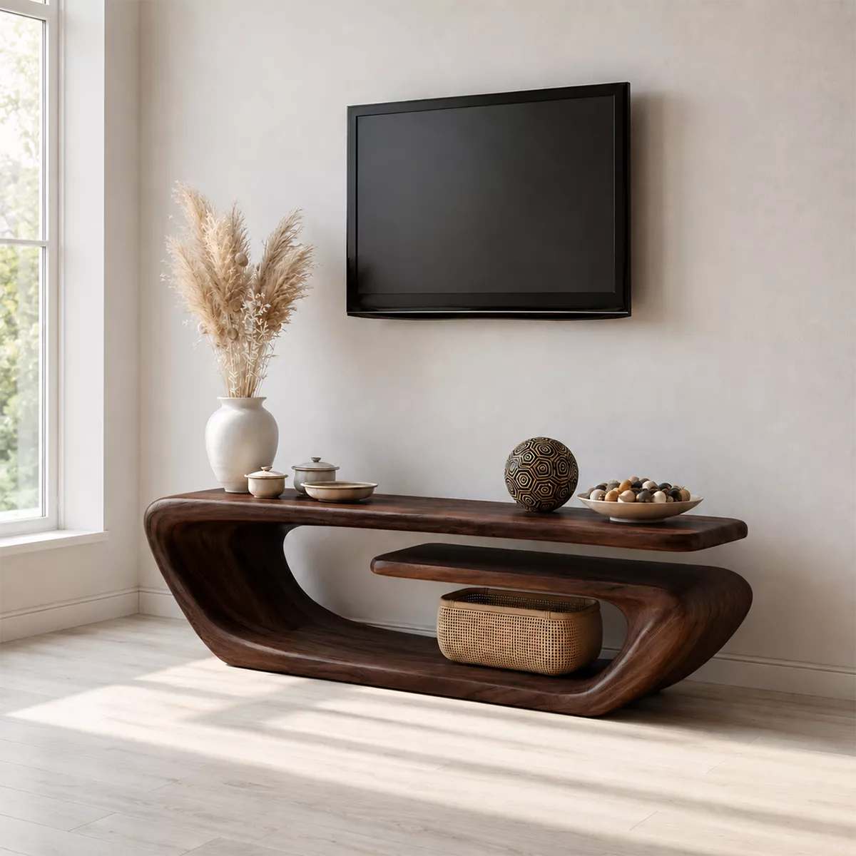 Natural Solid Wood TV Stand with Sculptural Curved Form Minimalist - Livewoodcraft - 10