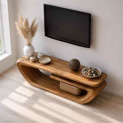 Natural Solid Wood TV Stand with Sculptural Curved Form Minimalist - Livewoodcraft - 2