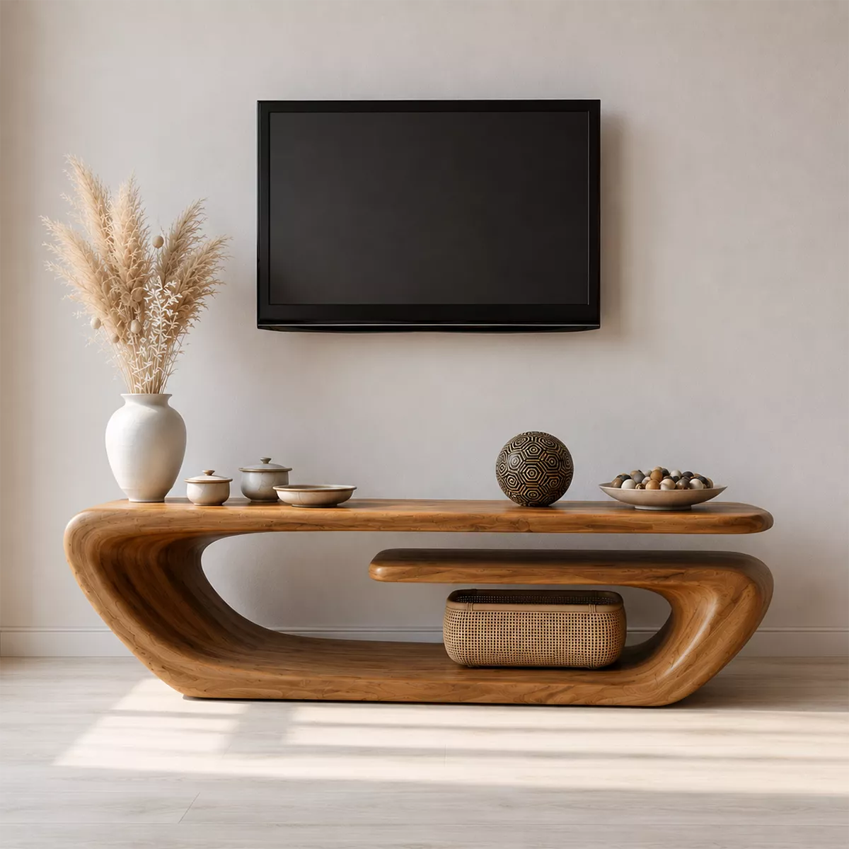 Natural Solid Wood TV Stand with Sculptural Curved Form Minimalist - Livewoodcraft - 3
