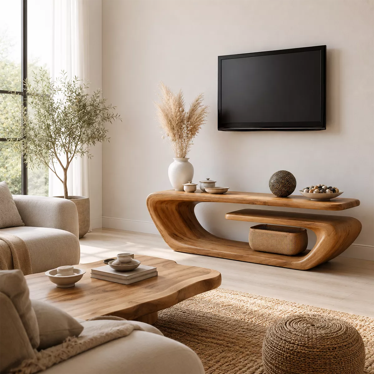 Natural Solid Wood TV Stand with Sculptural Curved Form Minimalist - Livewoodcraft - 4
