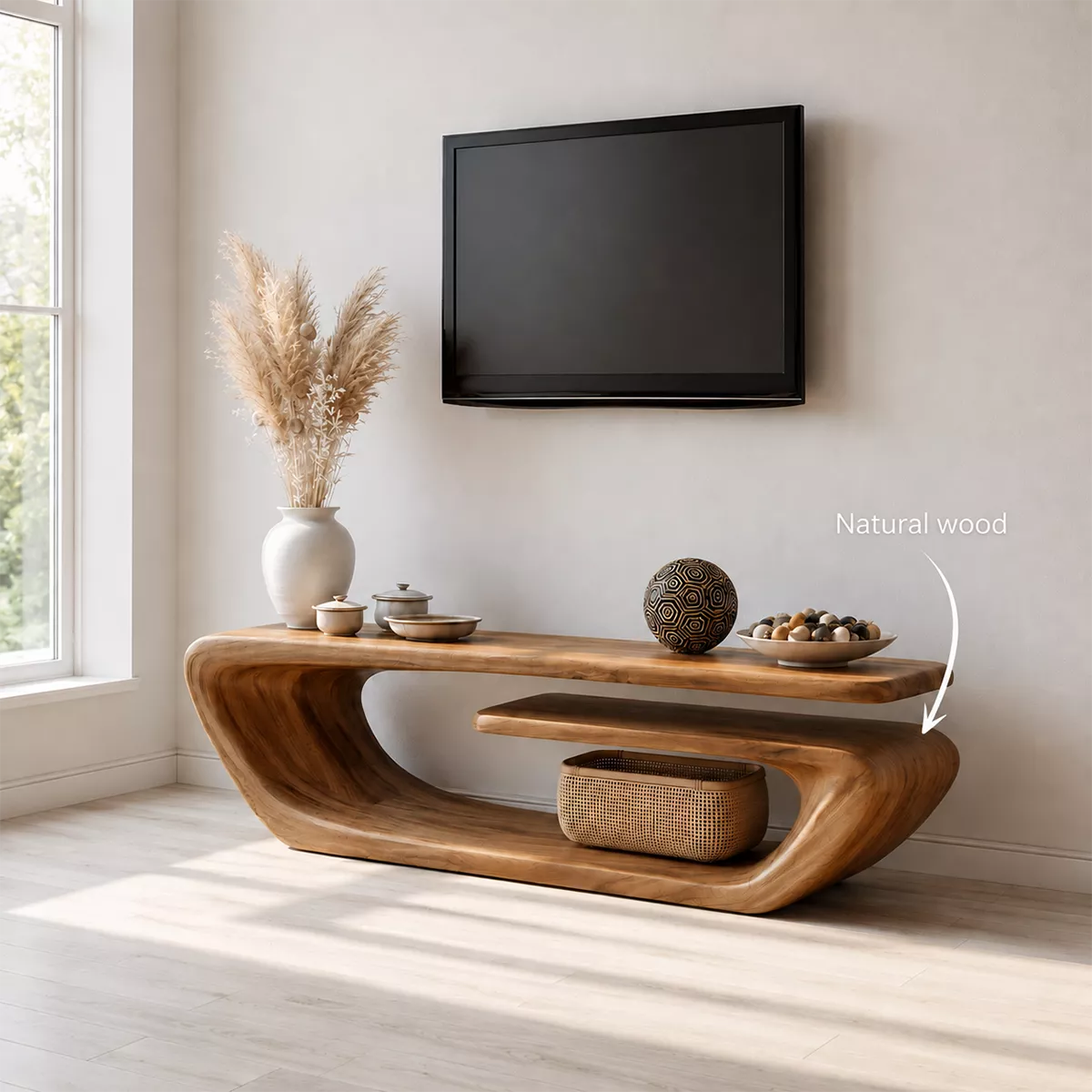 Natural Solid Wood TV Stand with Sculptural Curved Form Minimalist - Livewoodcraft - 6