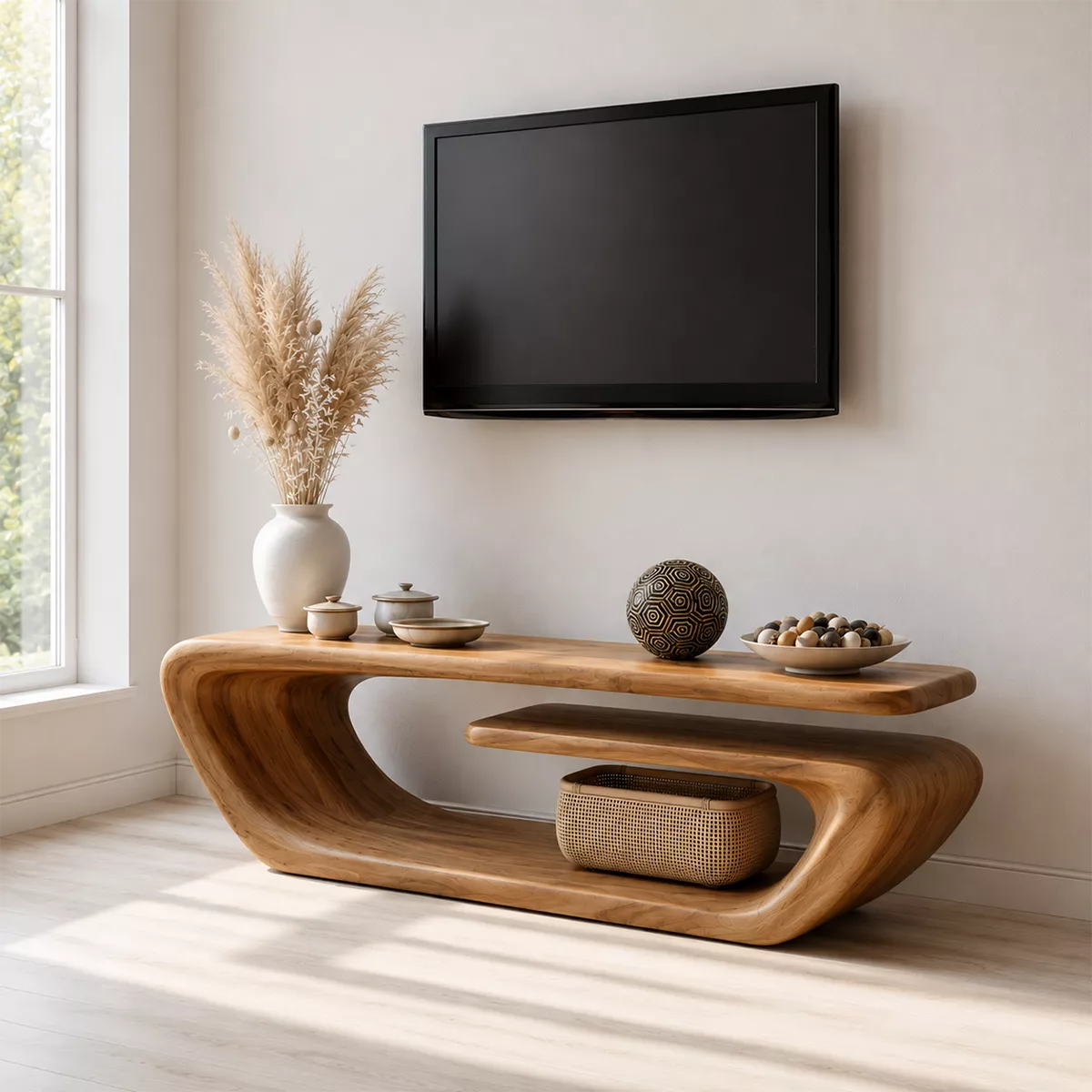 Natural Solid Wood TV Stand with Sculptural Curved Form Minimalist - Livewoodcraft - 7