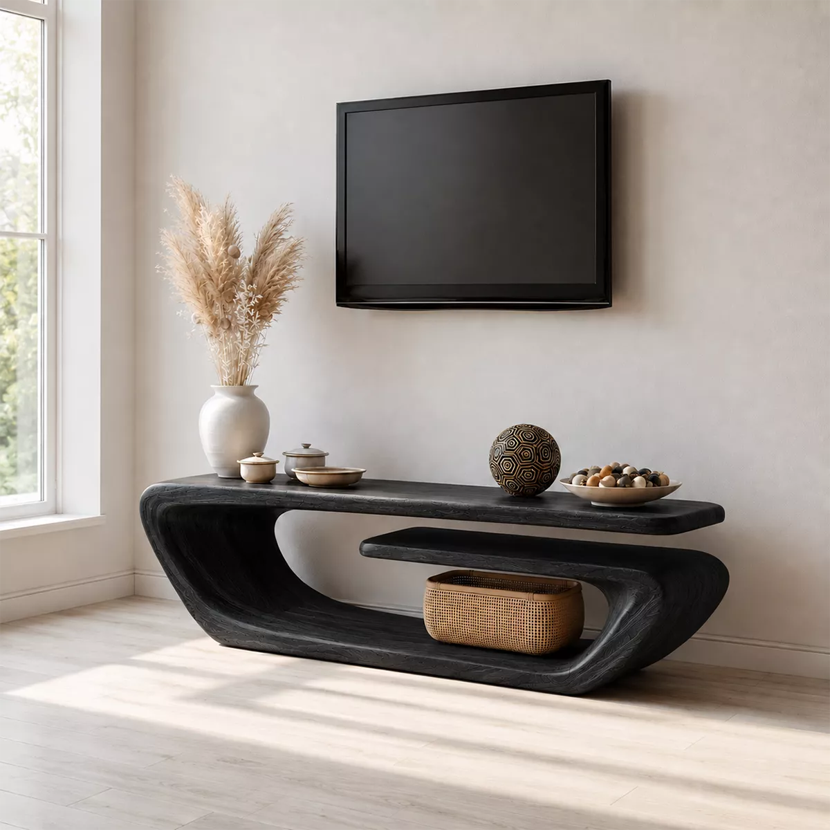 Natural Solid Wood TV Stand with Sculptural Curved Form Minimalist - Livewoodcraft - 8