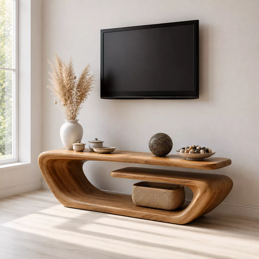 Natural Solid Wood TV Stand with Sculptural Curved Form Minimalist - Livewoodcraft
