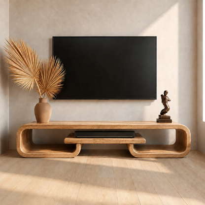 Natural Solid Wood TV Stand with Sculptural Loop Frame and Open Media Shelf - Livewoodcraft - 2