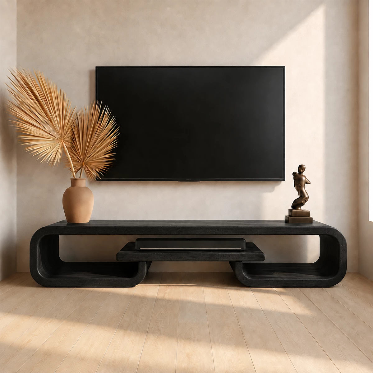 Natural Solid Wood TV Stand with Sculptural Loop Frame and Open Media Shelf - Livewoodcraft - 3