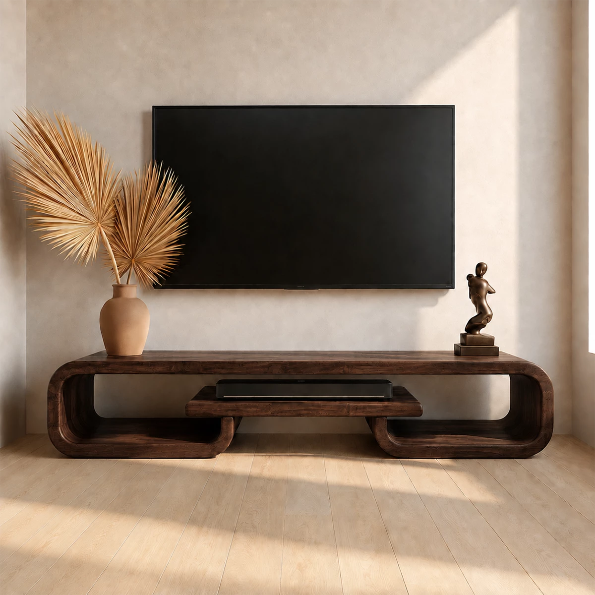 Natural Solid Wood TV Stand with Sculptural Loop Frame and Open Media Shelf - Livewoodcraft - 4