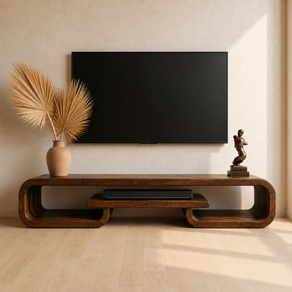 Natural Solid Wood TV Stand with Sculptural Loop Frame and Open Media Shelf - Livewoodcraft - 5