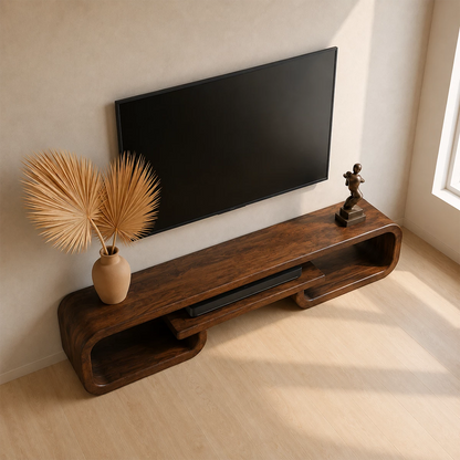 Natural Solid Wood TV Stand with Sculptural Loop Frame and Open Media Shelf - Livewoodcraft - 6