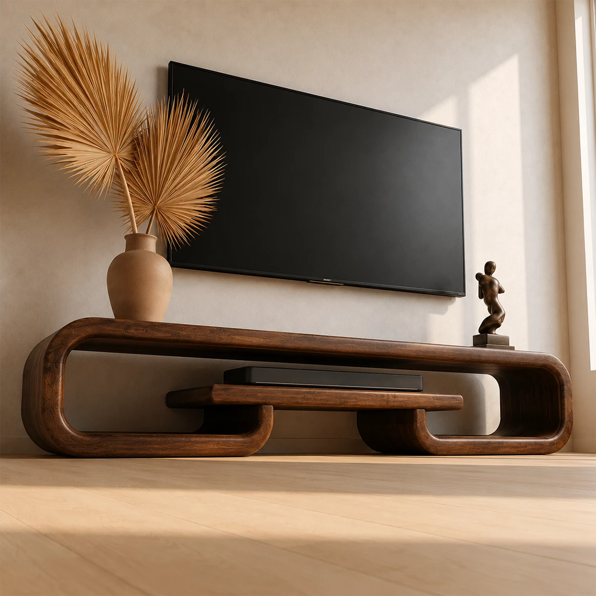 Natural Solid Wood TV Stand with Sculptural Loop Frame and Open Media Shelf - Livewoodcraft - 7