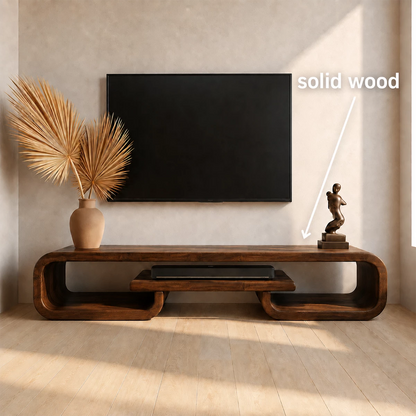 Natural Solid Wood TV Stand with Sculptural Loop Frame and Open Media Shelf - Livewoodcraft - 8