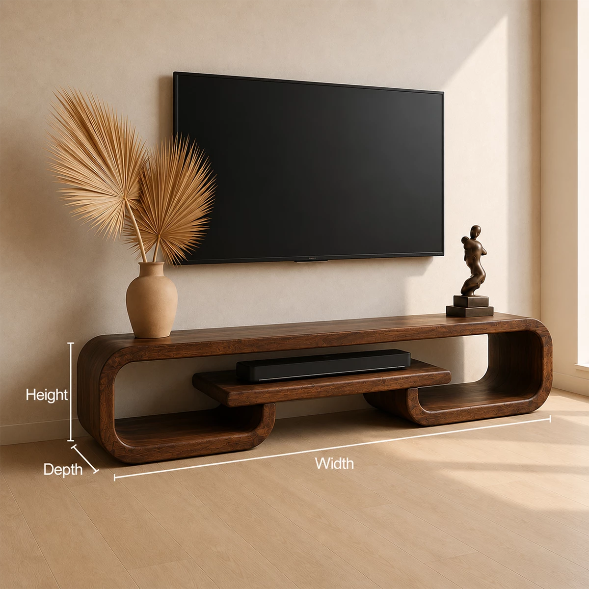 Natural Solid Wood TV Stand with Sculptural Loop Frame and Open Media Shelf - Livewoodcraft - 9