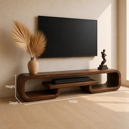 Natural Solid Wood TV Stand with Sculptural Loop Frame and Open Media Shelf - Livewoodcraft - 9