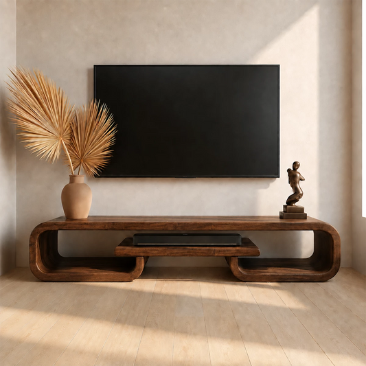 Natural Solid Wood TV Stand with Sculptural Loop Frame and Open Media Shelf - Livewoodcraft