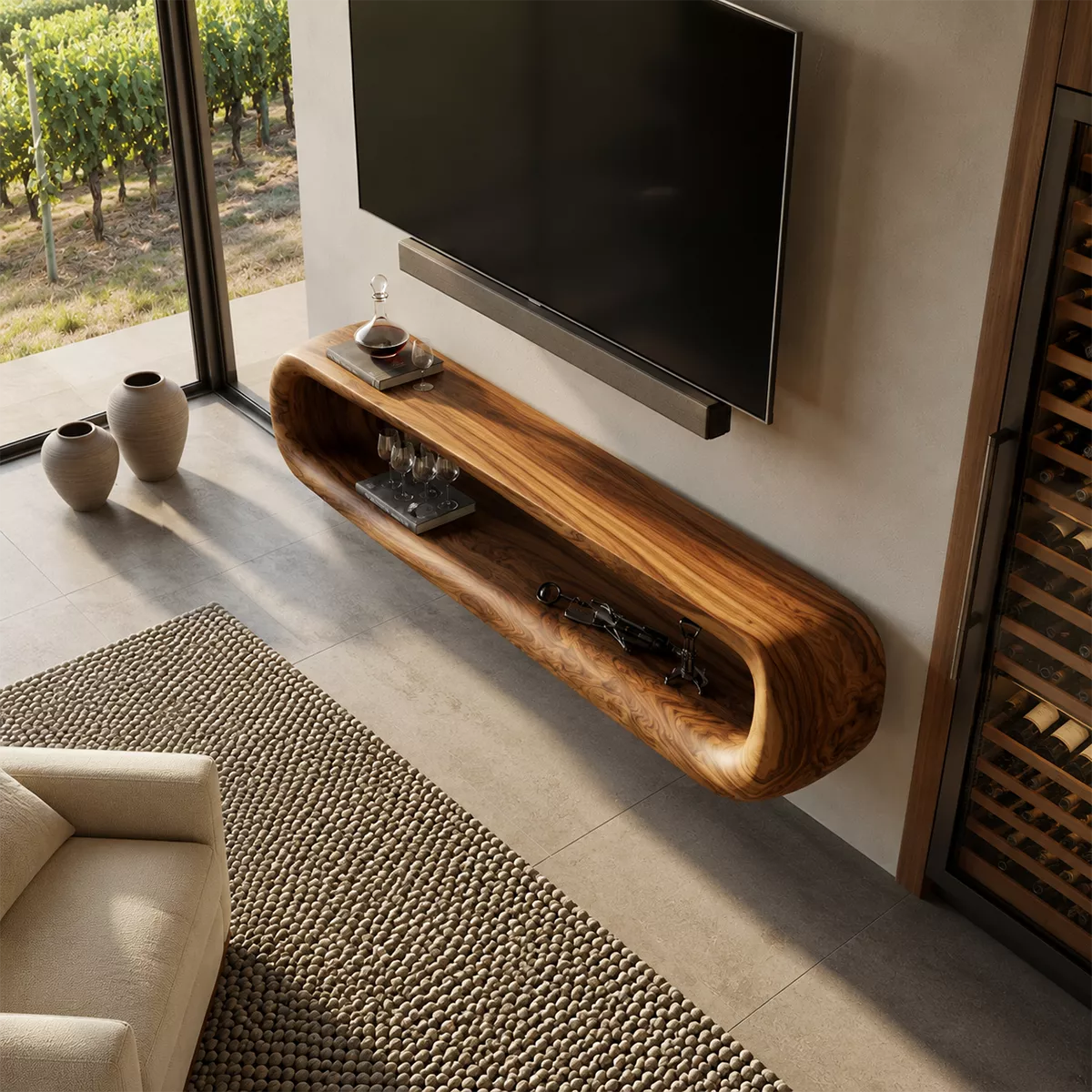 Natural Solid Wood TV Stand with Sculptural Open Nook Minimalist Design - Livewoodcraft - 2