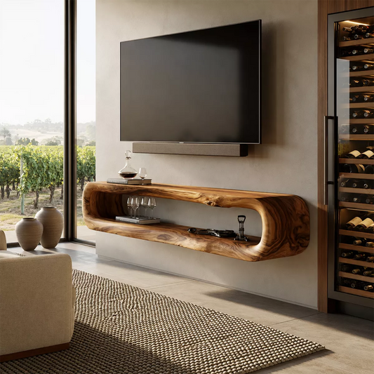 Natural Solid Wood TV Stand with Sculptural Open Nook Minimalist Design - Livewoodcraft
