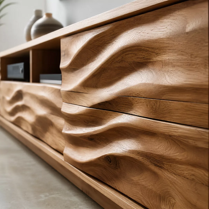 Natural Solid Wood TV Stand with Sculptural Wave Cabinet Doors Minimalist - Livewoodcraft - 1