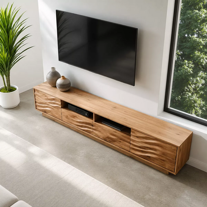 Natural Solid Wood TV Stand with Sculptural Wave Cabinet Doors Minimalist - Livewoodcraft - 2