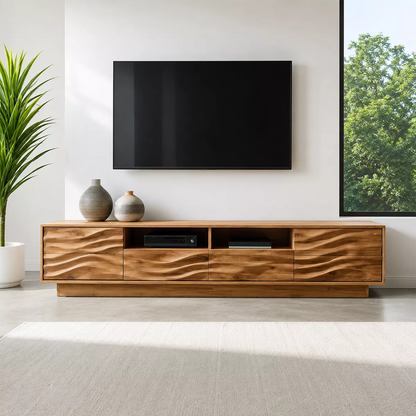 Natural Solid Wood TV Stand with Sculptural Wave Cabinet Doors Minimalist - Livewoodcraft - 3
