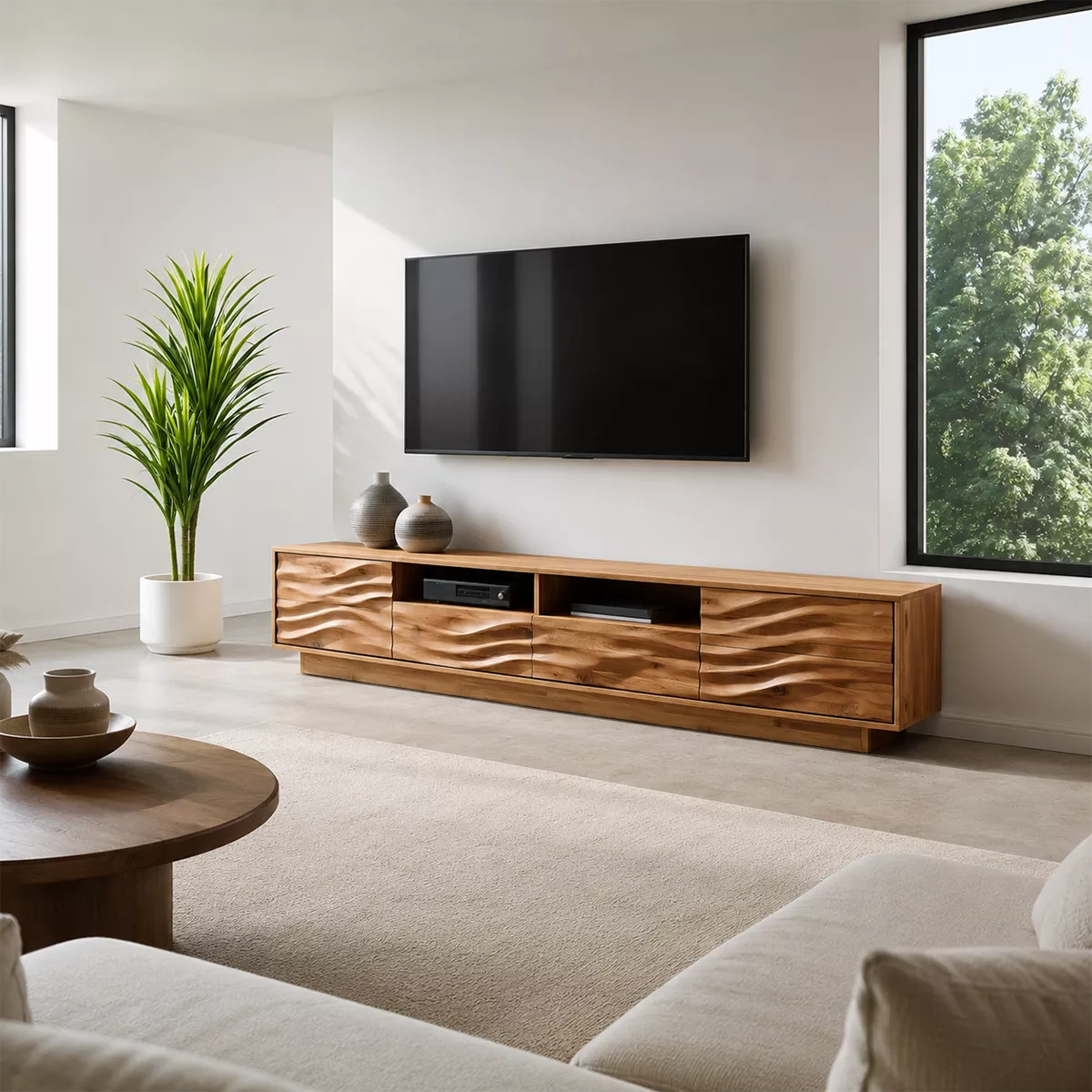 Natural Solid Wood TV Stand with Sculptural Wave Cabinet Doors Minimalist - Livewoodcraft - 4