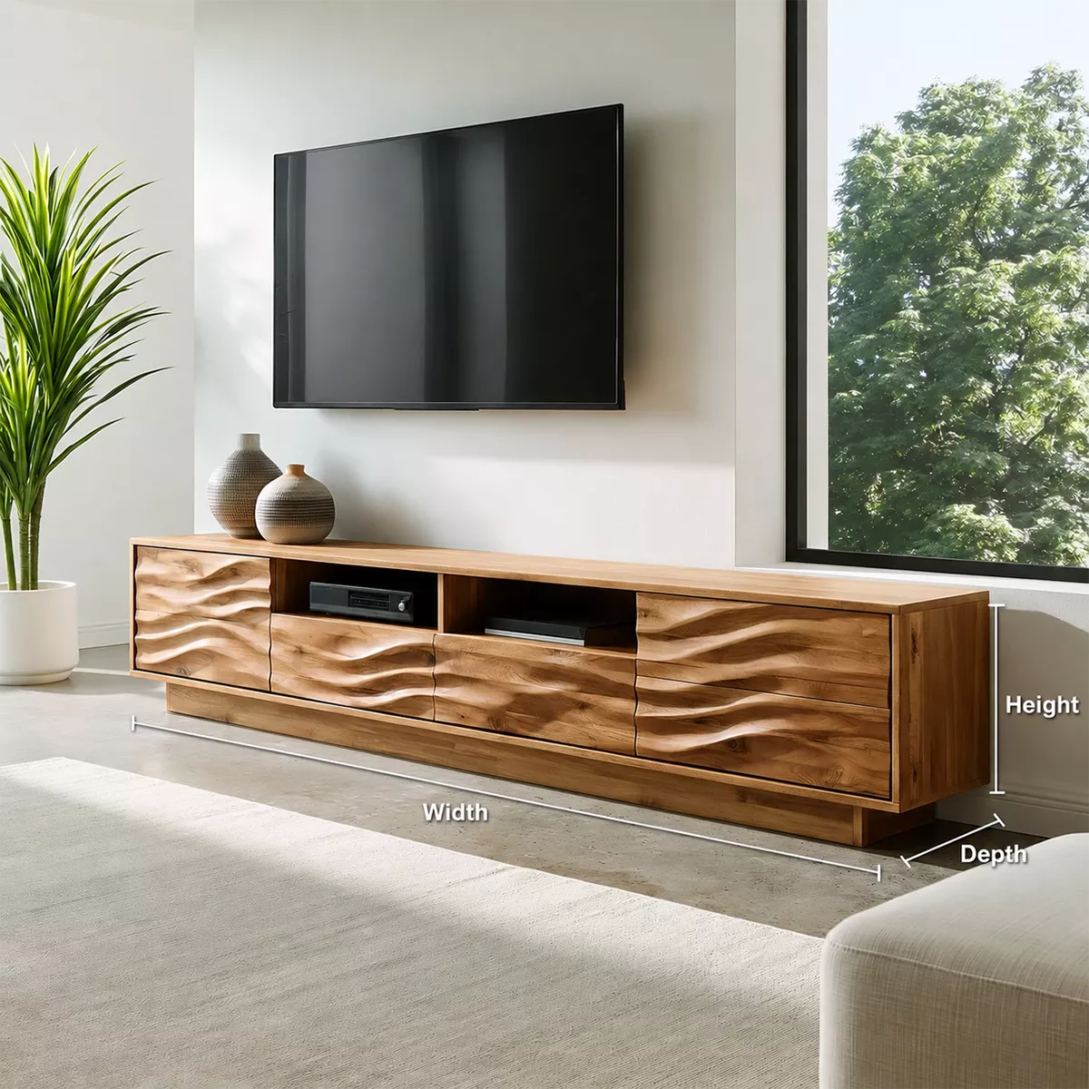 Natural Solid Wood TV Stand with Sculptural Wave Cabinet Doors Minimalist - Livewoodcraft - 5