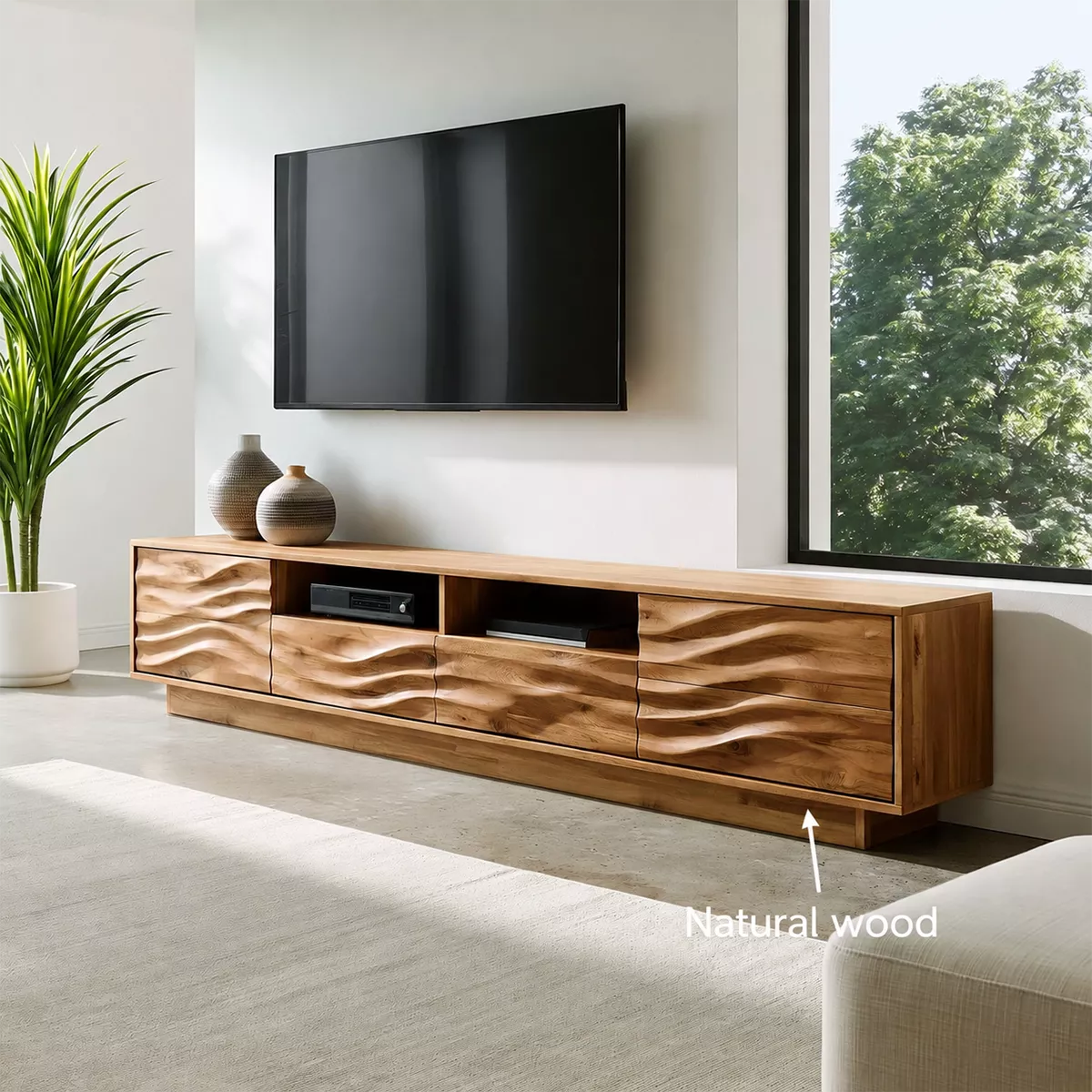 Natural Solid Wood TV Stand with Sculptural Wave Cabinet Doors Minimalist - Livewoodcraft - 6