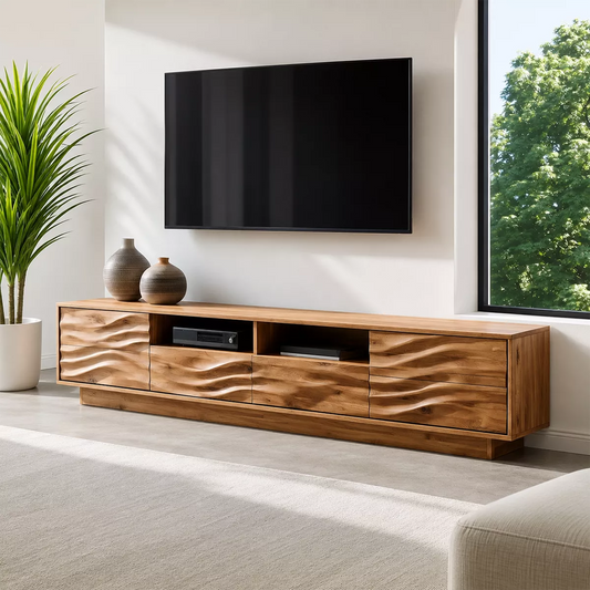 Natural Solid Wood TV Stand with Sculptural Wave Cabinet Doors Minimalist - Livewoodcraft