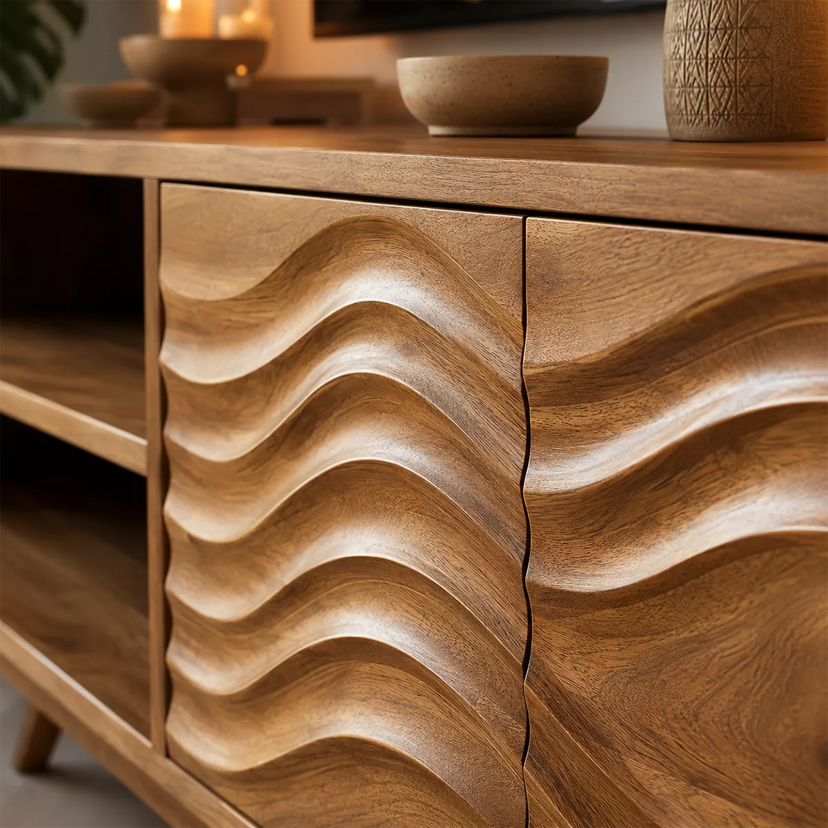 Natural Solid Wood TV Stand with Sculptural Wave Cabinet Doors Modern Design - Livewoodcraft - 1