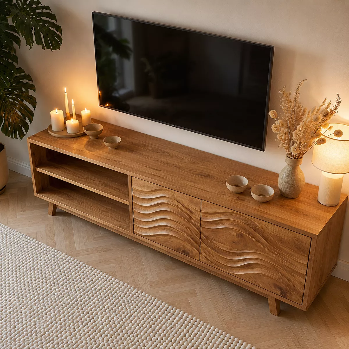 Natural Solid Wood TV Stand with Sculptural Wave Cabinet Doors Modern Design - Livewoodcraft - 2