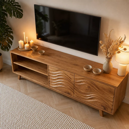 Natural Solid Wood TV Stand with Sculptural Wave Cabinet Doors Modern Design - Livewoodcraft - 2