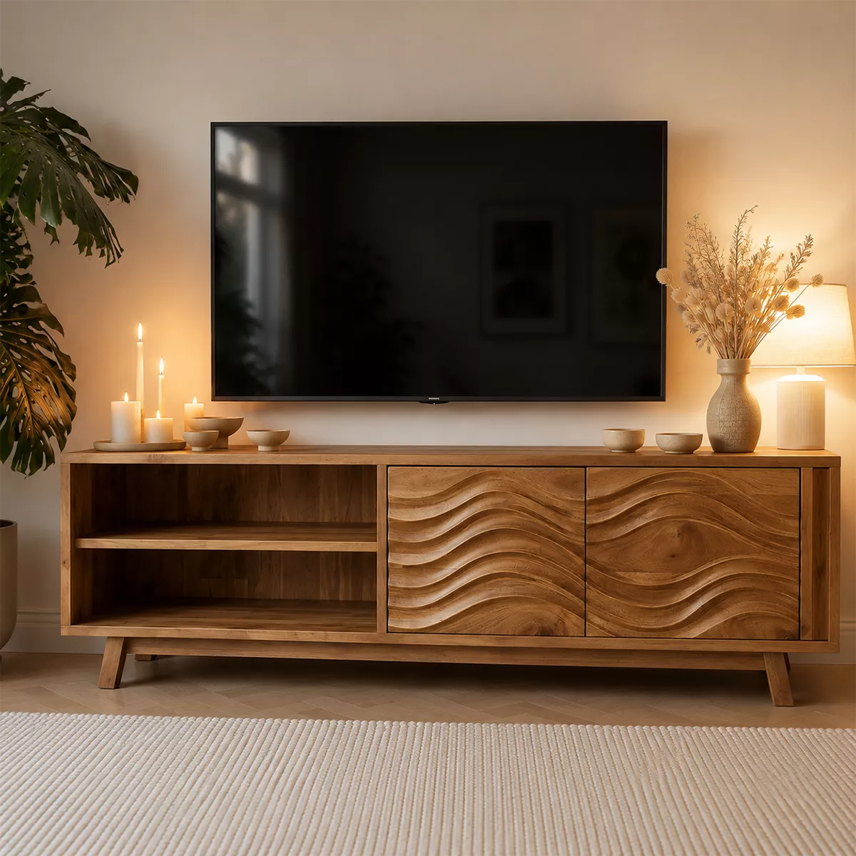 Natural Solid Wood TV Stand with Sculptural Wave Cabinet Doors Modern Design - Livewoodcraft - 3