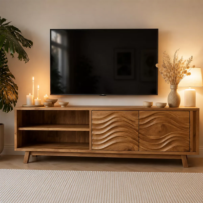 Natural Solid Wood TV Stand with Sculptural Wave Cabinet Doors Modern Design - Livewoodcraft - 3