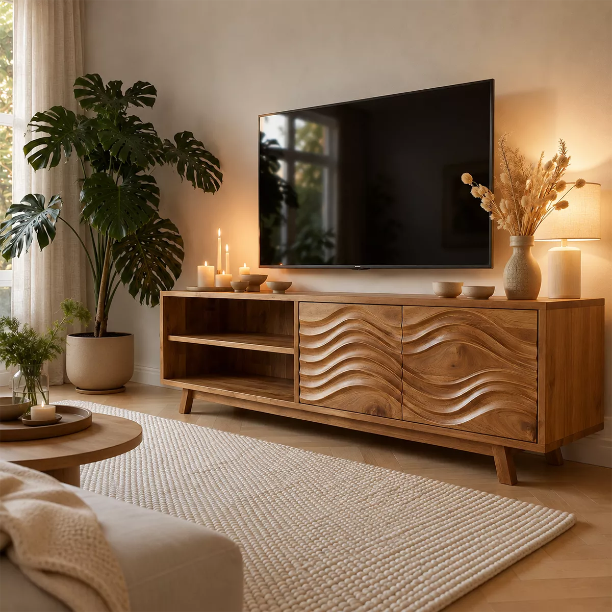 Natural Solid Wood TV Stand with Sculptural Wave Cabinet Doors Modern Design - Livewoodcraft - 4