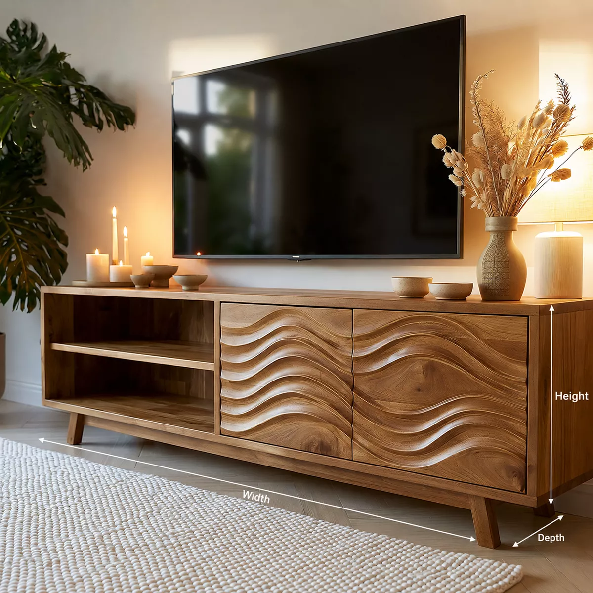 Natural Solid Wood TV Stand with Sculptural Wave Cabinet Doors Modern Design - Livewoodcraft - 5