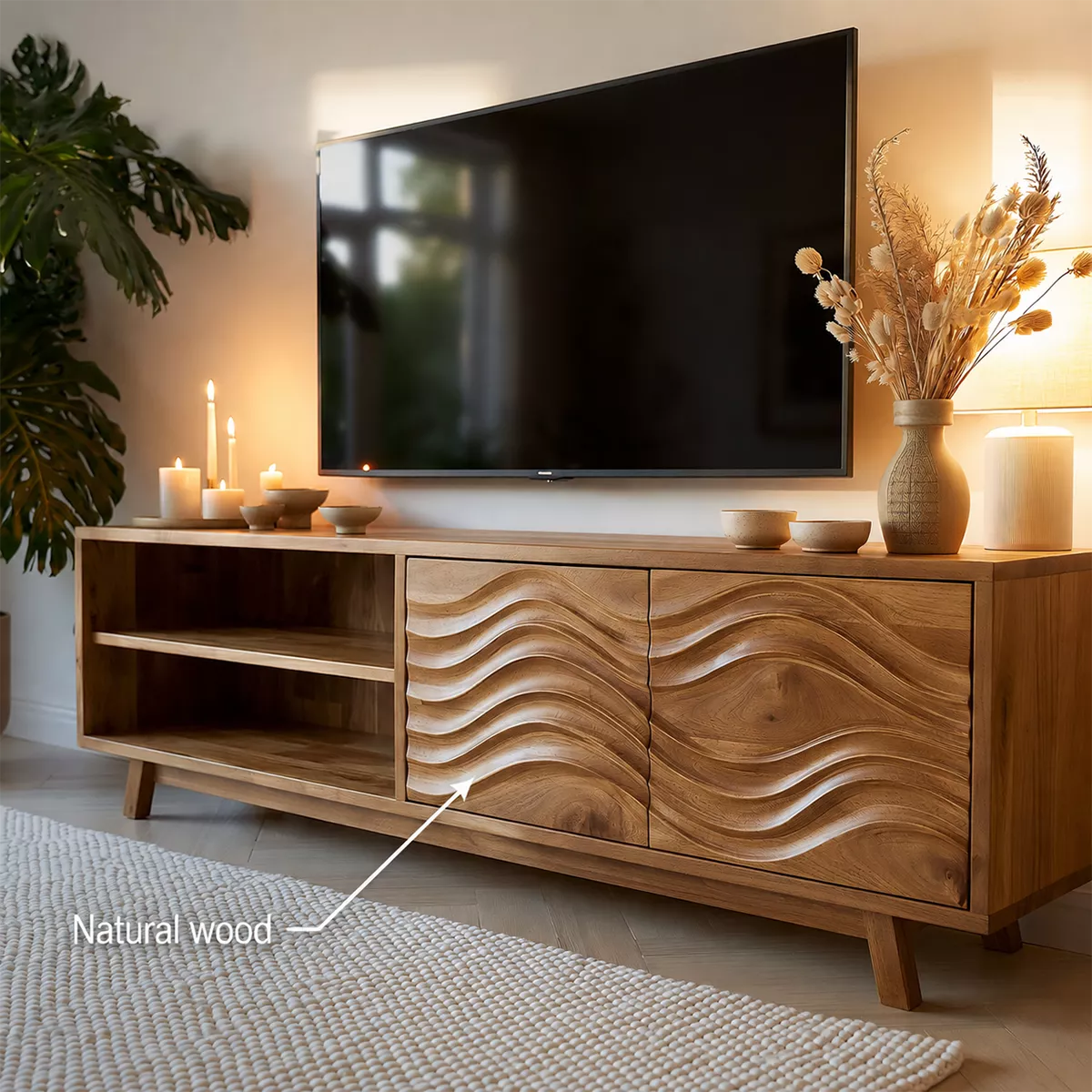 Natural Solid Wood TV Stand with Sculptural Wave Cabinet Doors Modern Design - Livewoodcraft - 6