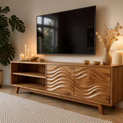 Natural Solid Wood TV Stand with Sculptural Wave Cabinet Doors Modern Design - Livewoodcraft - 7