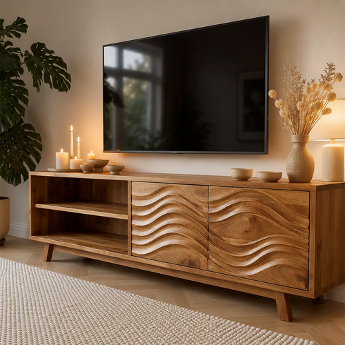 Natural Solid Wood TV Stand with Sculptural Wave Cabinet Doors Modern Design - Livewoodcraft - 7