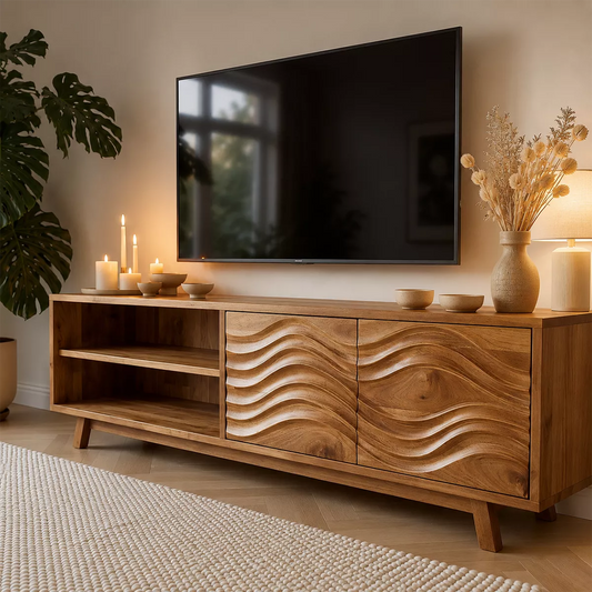 Natural Solid Wood TV Stand with Sculptural Wave Cabinet Doors Modern Design - Livewoodcraft