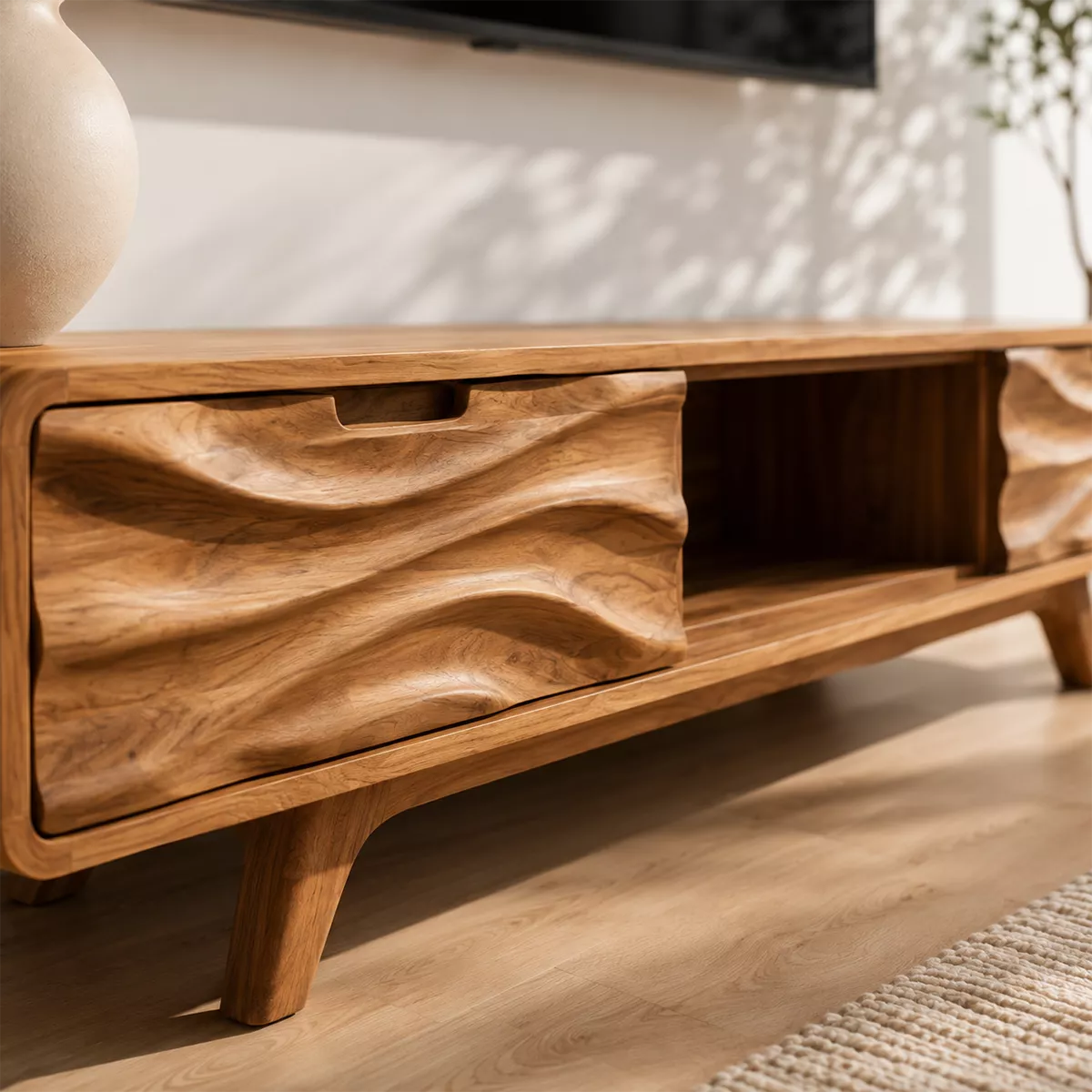 Natural Solid Wood TV Stand with Sculptural Wave Drawers Japandi Style - Livewoodcraft - 1
