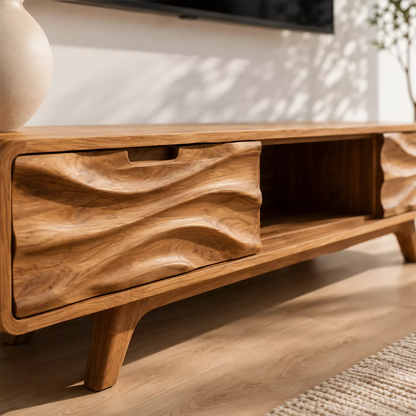 Natural Solid Wood TV Stand with Sculptural Wave Drawers Japandi Style - Livewoodcraft - 1