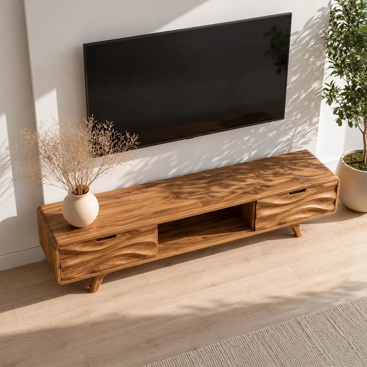 Natural Solid Wood TV Stand with Sculptural Wave Drawers Japandi Style - Livewoodcraft - 2