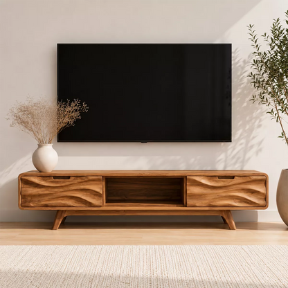 Natural Solid Wood TV Stand with Sculptural Wave Drawers Japandi Style - Livewoodcraft - 3