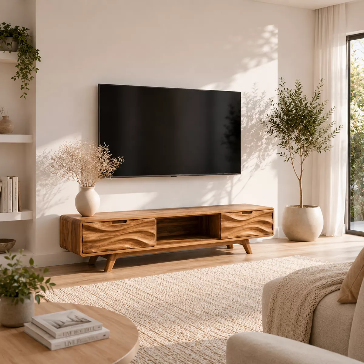 Natural Solid Wood TV Stand with Sculptural Wave Drawers Japandi Style - Livewoodcraft - 4