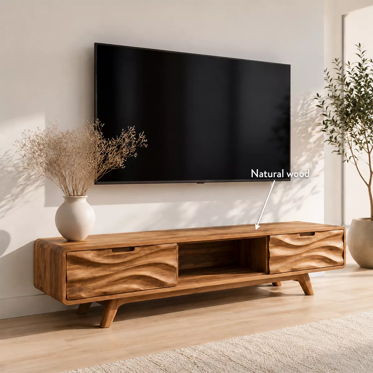 Natural Solid Wood TV Stand with Sculptural Wave Drawers Japandi Style - Livewoodcraft - 5