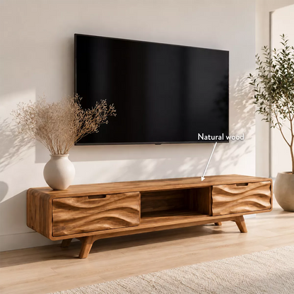 Natural Solid Wood TV Stand with Sculptural Wave Drawers Japandi Style - Livewoodcraft - 5
