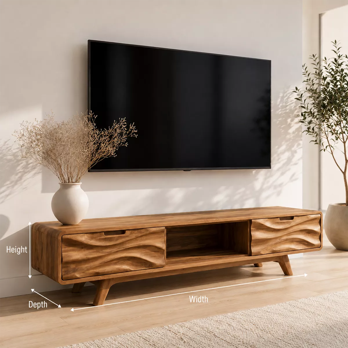 Natural Solid Wood TV Stand with Sculptural Wave Drawers Japandi Style - Livewoodcraft - 6