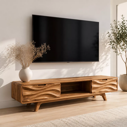 Natural Solid Wood TV Stand with Sculptural Wave Drawers Japandi Style - Livewoodcraft