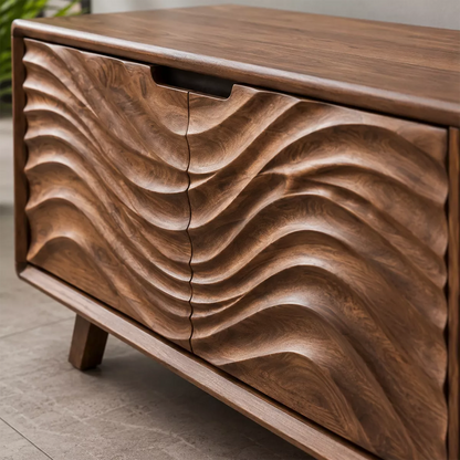 Natural Solid Wood TV Stand with Sculptural Wavy Cabinet Door Japandi - Livewoodcraft - 1