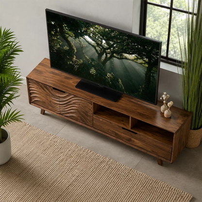 Natural Solid Wood TV Stand with Sculptural Wavy Cabinet Door Japandi - Livewoodcraft - 2